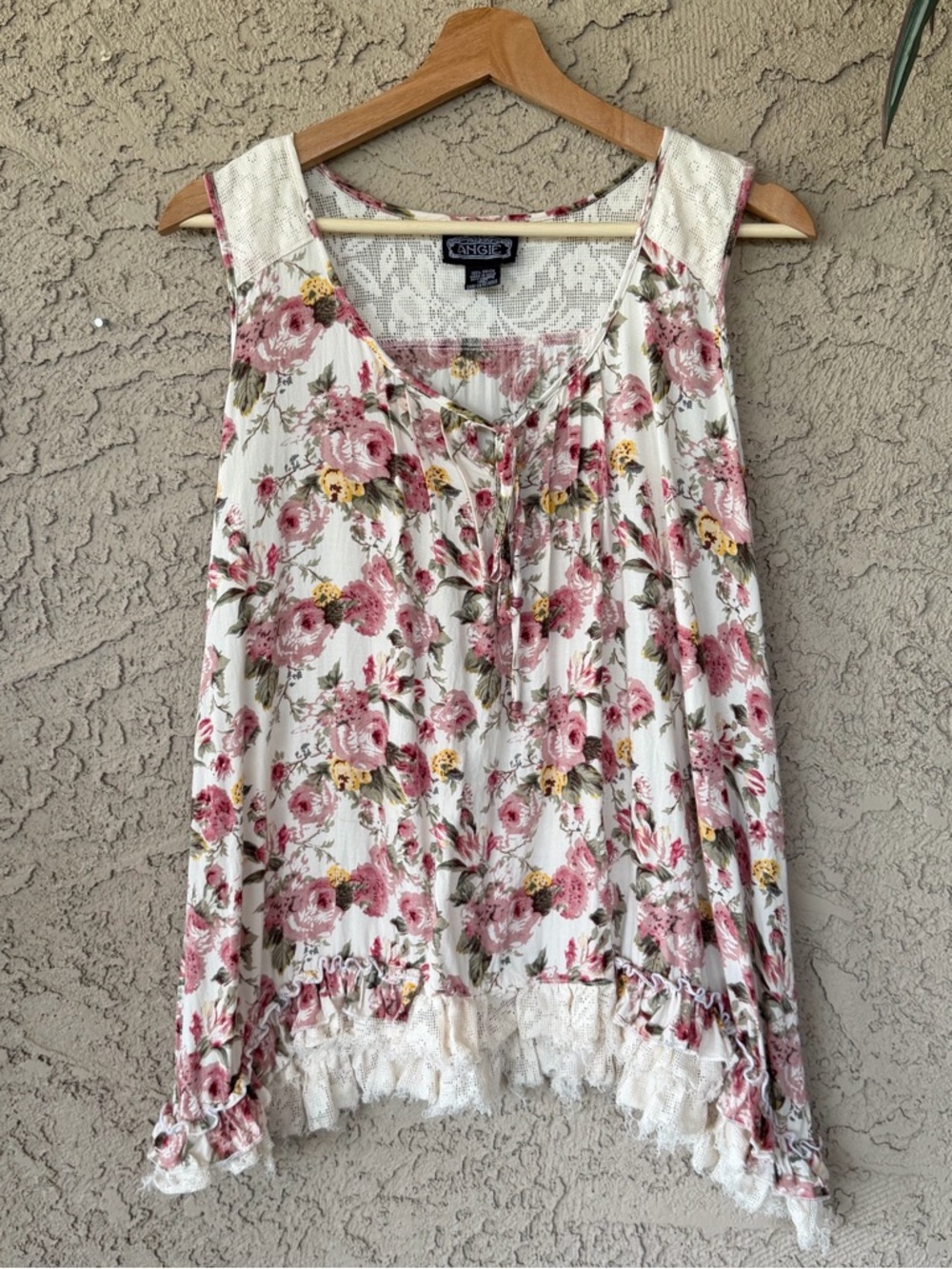 Floral Lace Trim Tank Style Blouse Ties at Chest